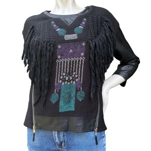 MILLY Sparkle-Robot Leather Top Wool Blend Knit Chunky Sweater | Size: Small